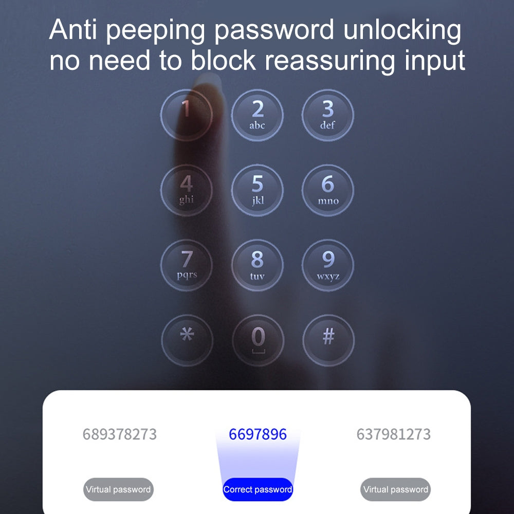 Digital keypad with finger inputting a password on a dark background