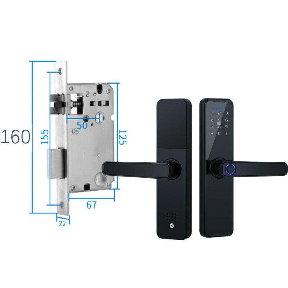 Black digital door lock with measurements on a white background