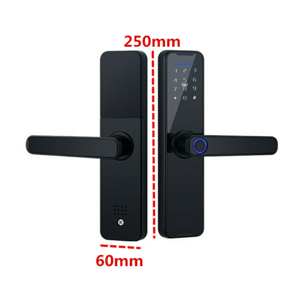 Black door handles with digital lock and measurements on a white background