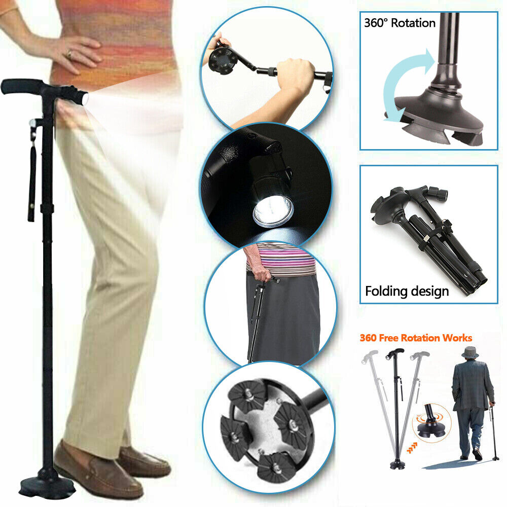 Collapsible walking stick with multiple features highlighted on a white background