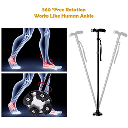 Walking cane with 360-degree rotation feature and anatomical illustration of joints.