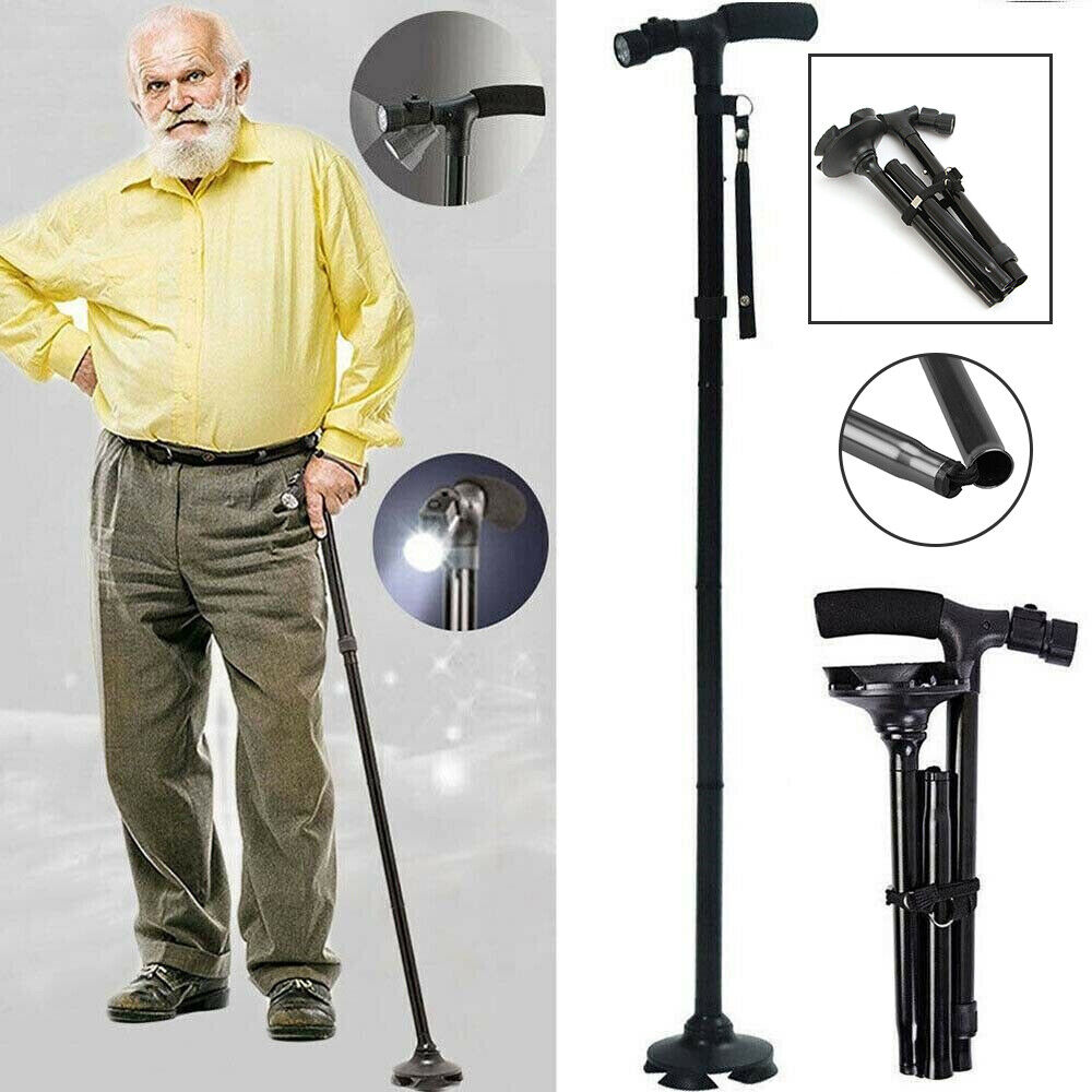 Man holding a black walking cane with multiple views and close-ups on a gray background