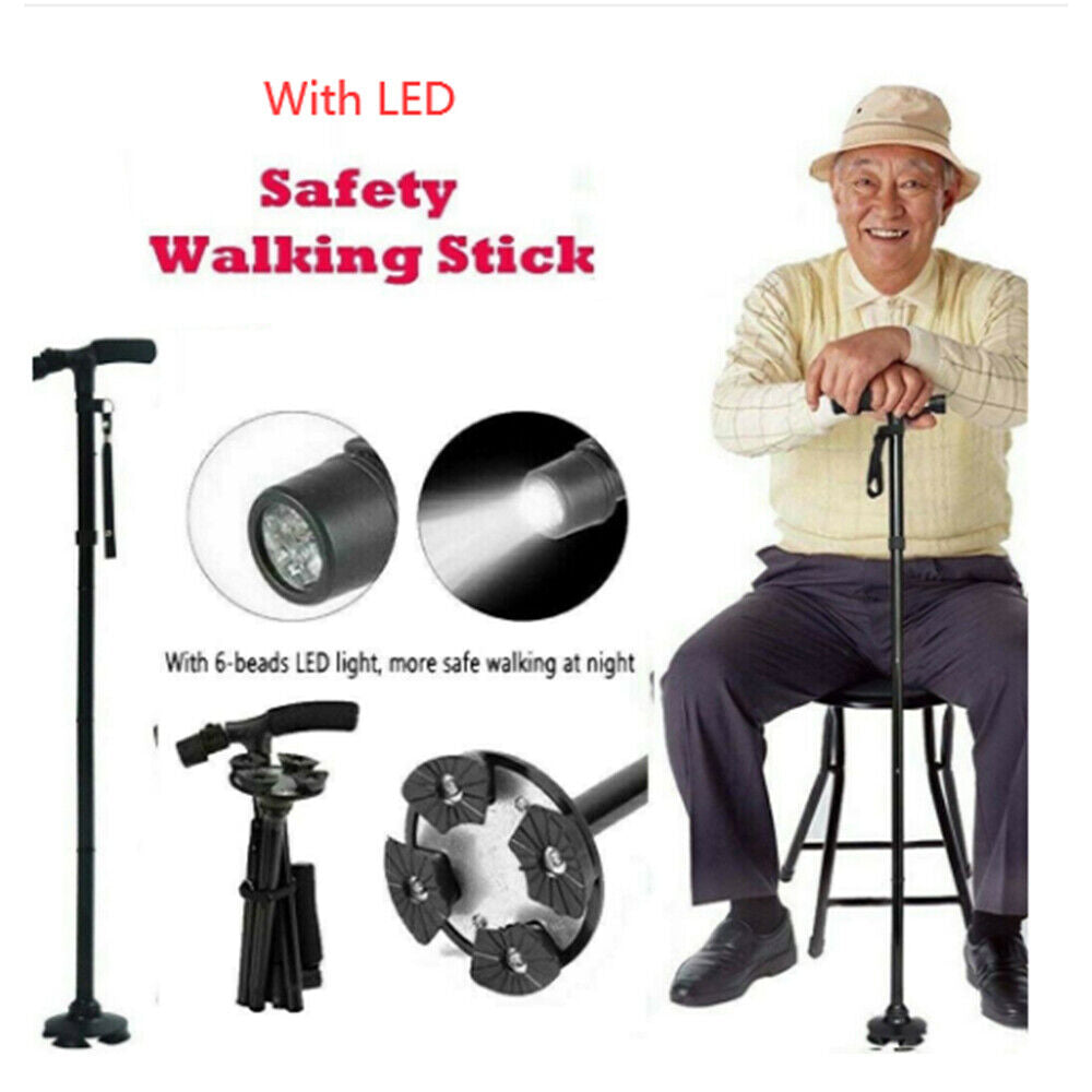 Safety walking stick with LED light feature, shown with an elderly person sitting on a stool.