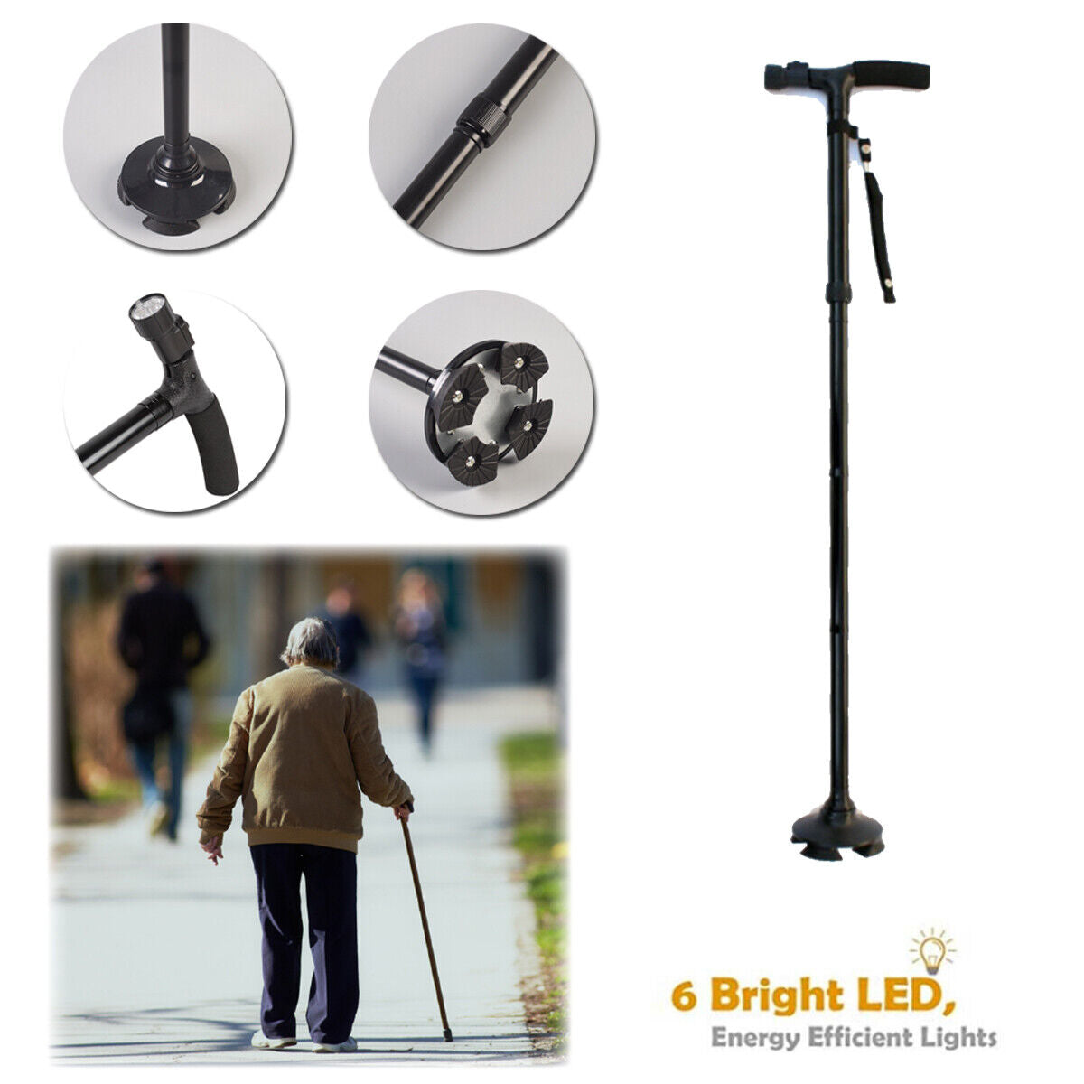 Collage of a walking cane with close-up details and an elderly person using it.