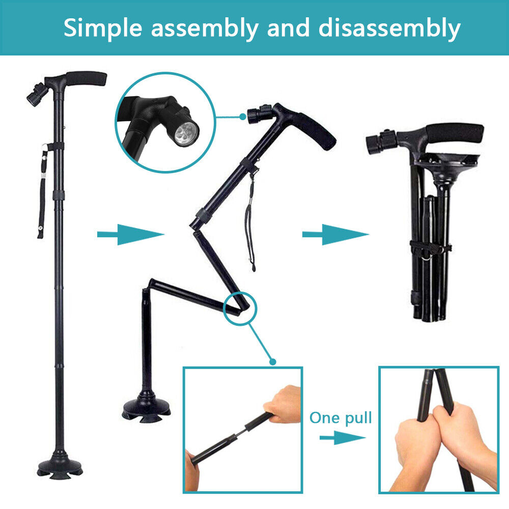 Illustration of a walking cane with assembly and disassembly instructions on a white background.