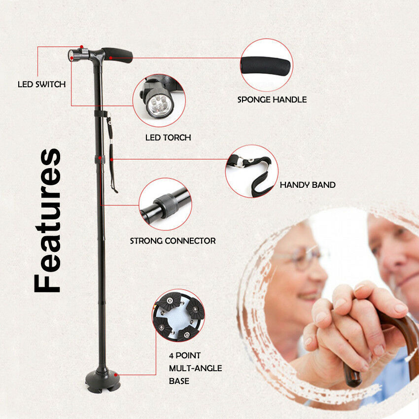 Walking cane with features highlighted on a white background, including LED switch, torch, sponge handle, handy band, strong connector, and 4-point mult-angle base.