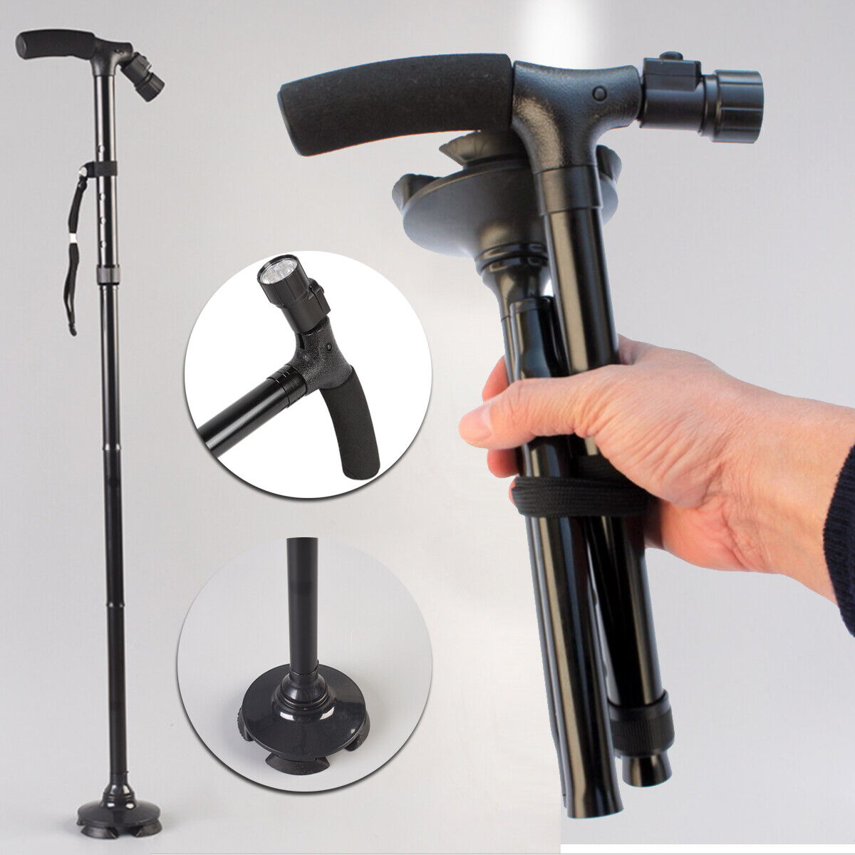 Black adjustable walking cane with hand holding it, on a light gray background