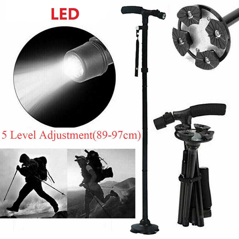 Adjustable walking stick with LED light and ice cleats, featuring 5-level height adjustment.