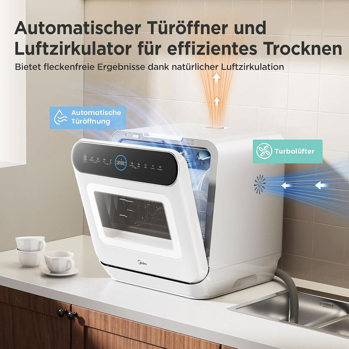 Dishwasher with text in German on a kitchen counter