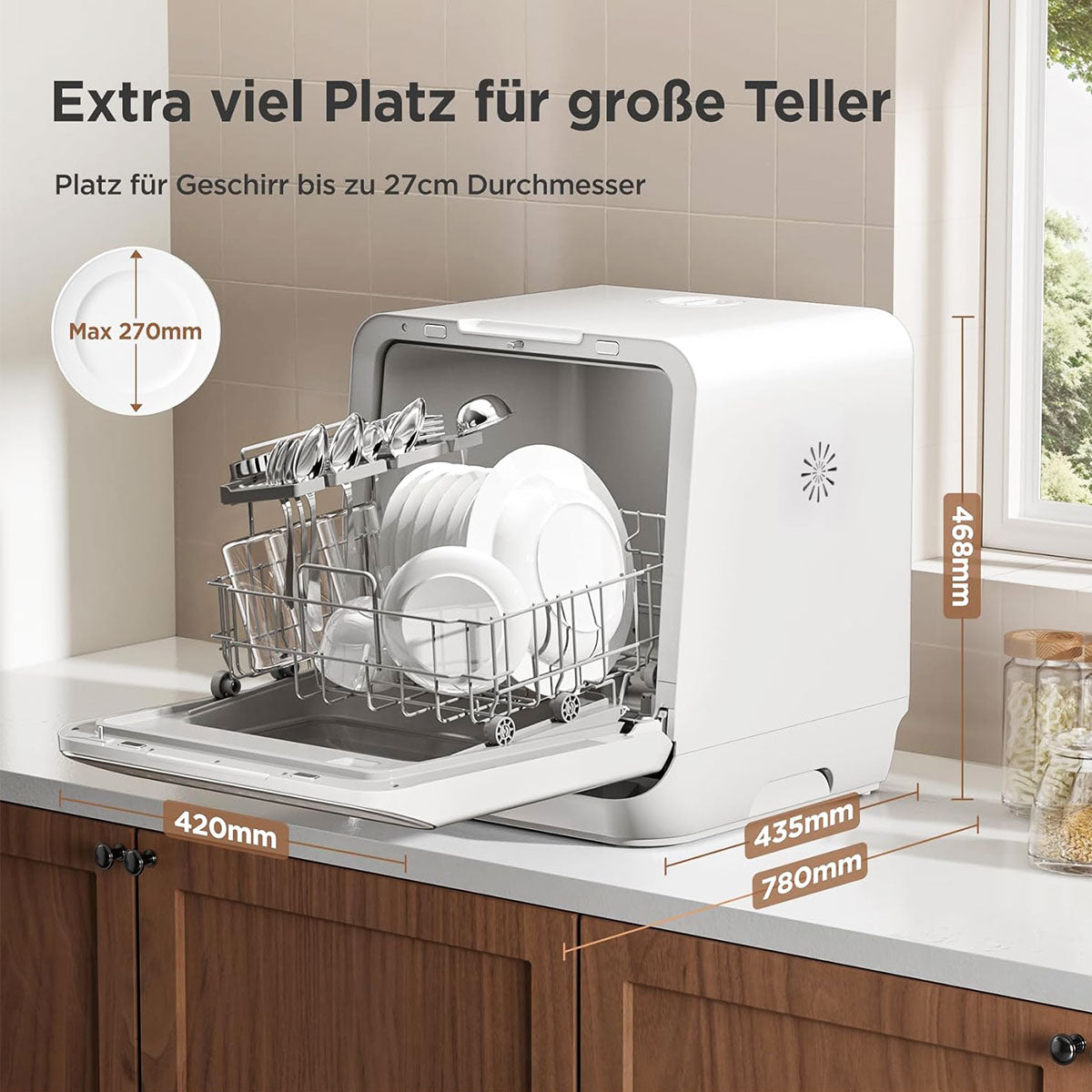 Portable dishwasher with open door showing dishes on a kitchen counter, with measurements displayed.