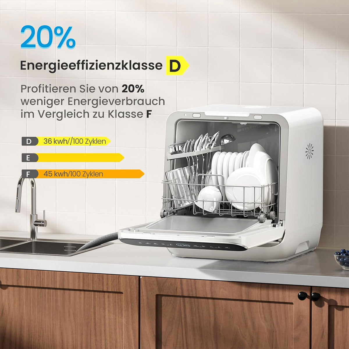 Dishwasher with energy efficiency class D label in a kitchen setting