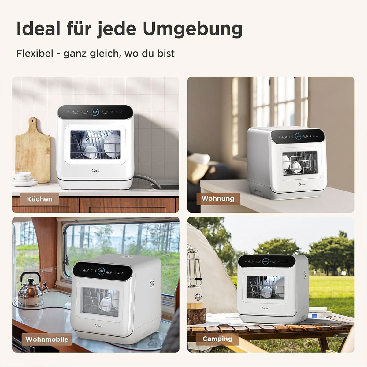 Portable dishwasher shown in various settings including kitchen, apartment, caravan, and camping area with German text.