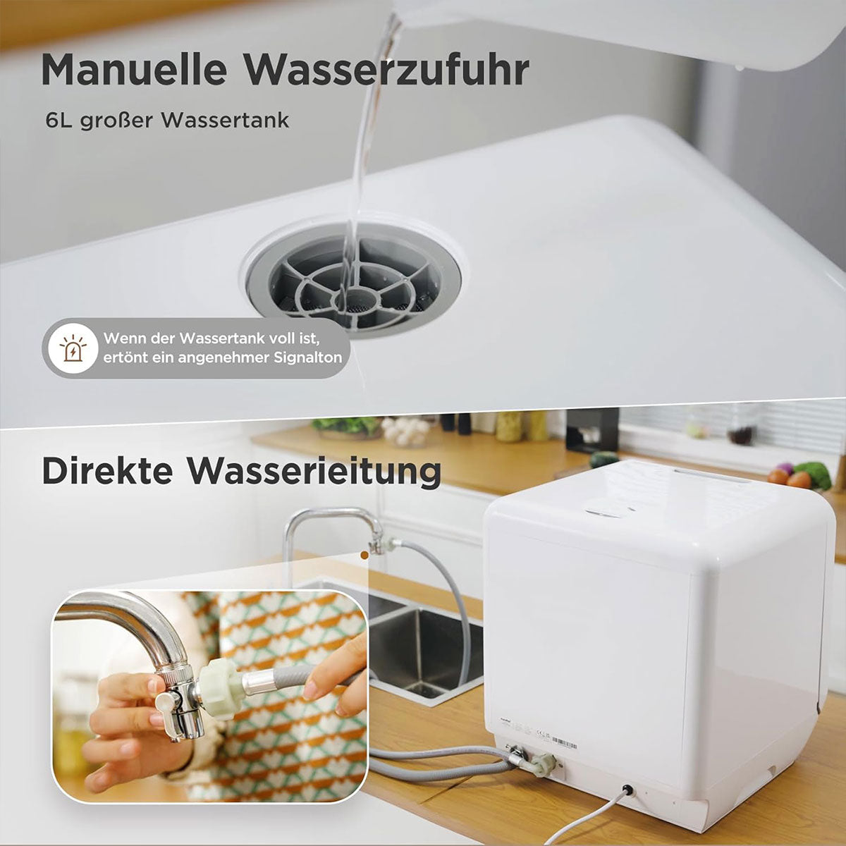 White humidifier with water tank and water inlet on a wooden surface, German text on top.