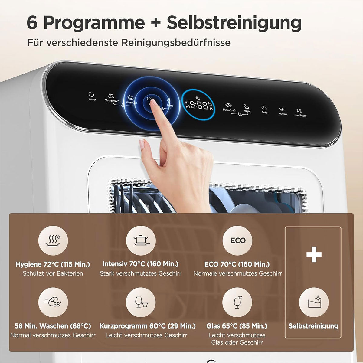 Hand pressing a button on a washing machine with program selection interface.