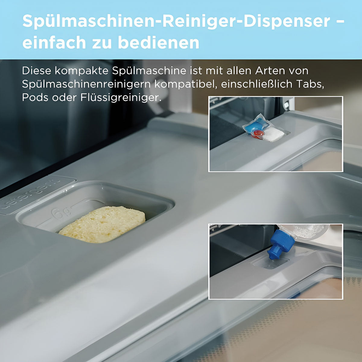 Spälmaschinen-Reiniger-Dispenser with text on a blue background