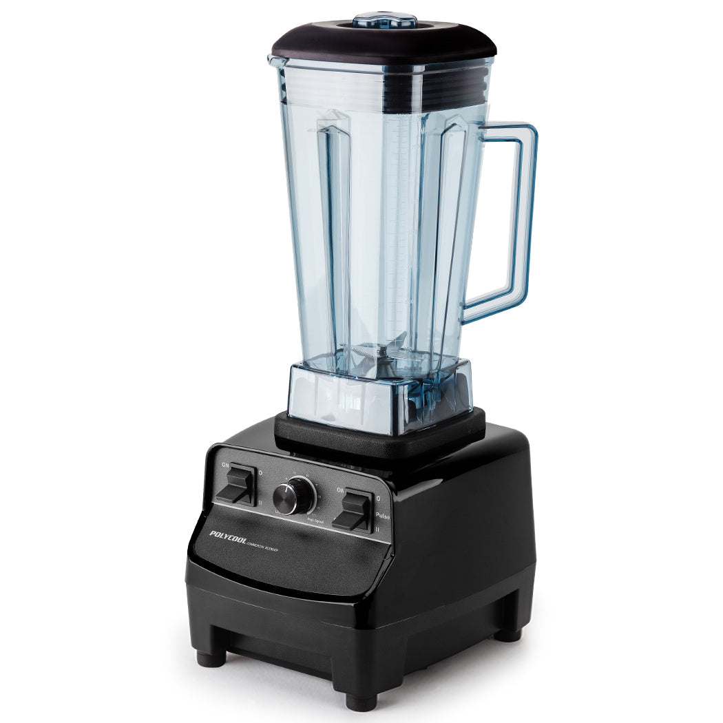 Black blender with clear container on a white background