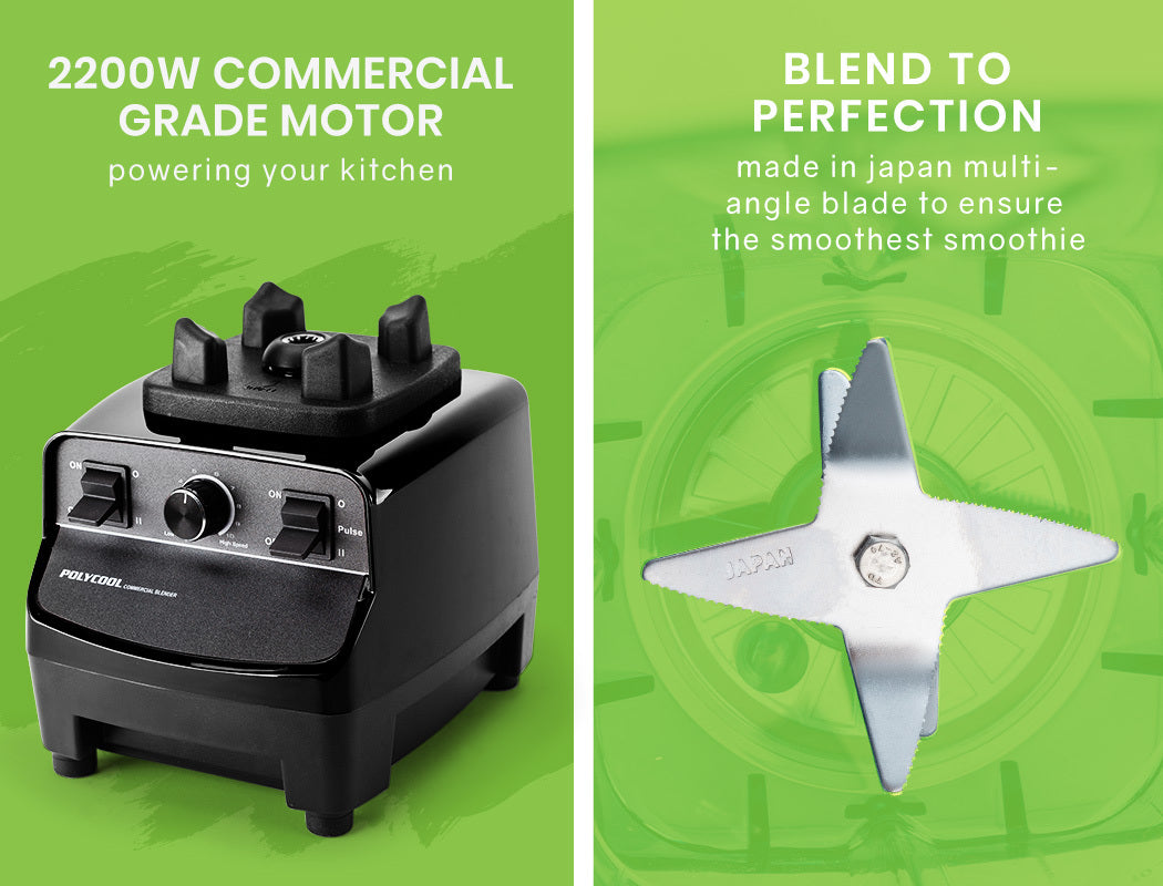 Blender with 2200W commercial grade motor and multi-angle blade on a green background