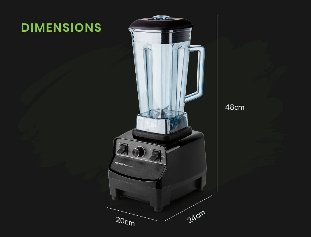 Blender with dimensions labeled on a black background