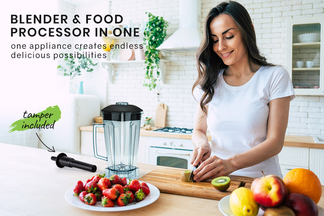 Woman preparing food in a kitchen with a blender and food processor, text about one appliance creating endless possibilities.