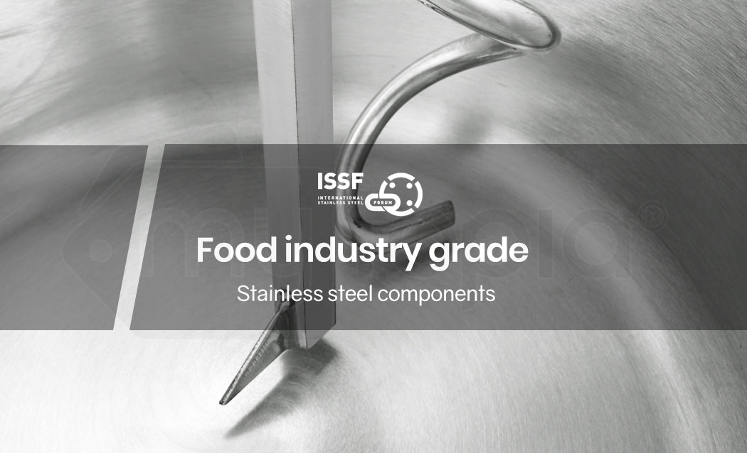 Stainless steel components with 'ISSF' logo and text 'Food industry grade stainless steel components'.