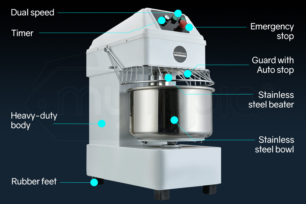 Bread mixer with labeled features on a dark background