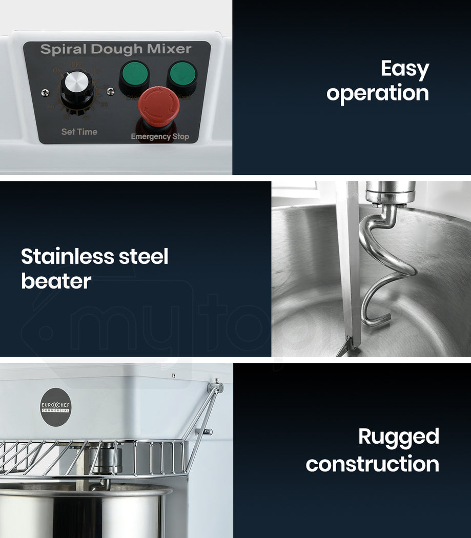 Spiral dough mixer with control panel, stainless steel beater, and rugged construction features.