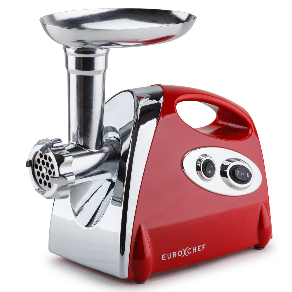 Red meat grinder with silver top on a white background, featuring the EuroChef brand.