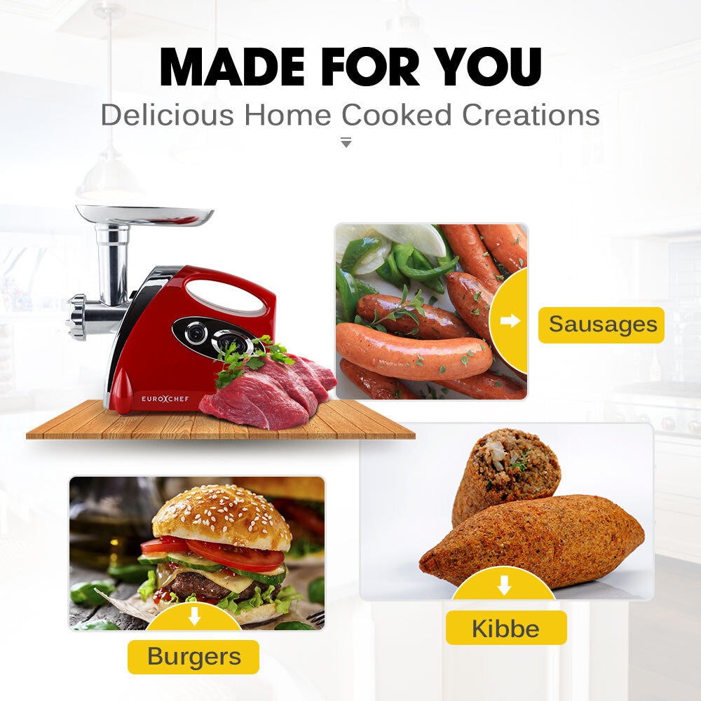 Red meat grinder with images of sausages, burgers, and kibbe on a white background.