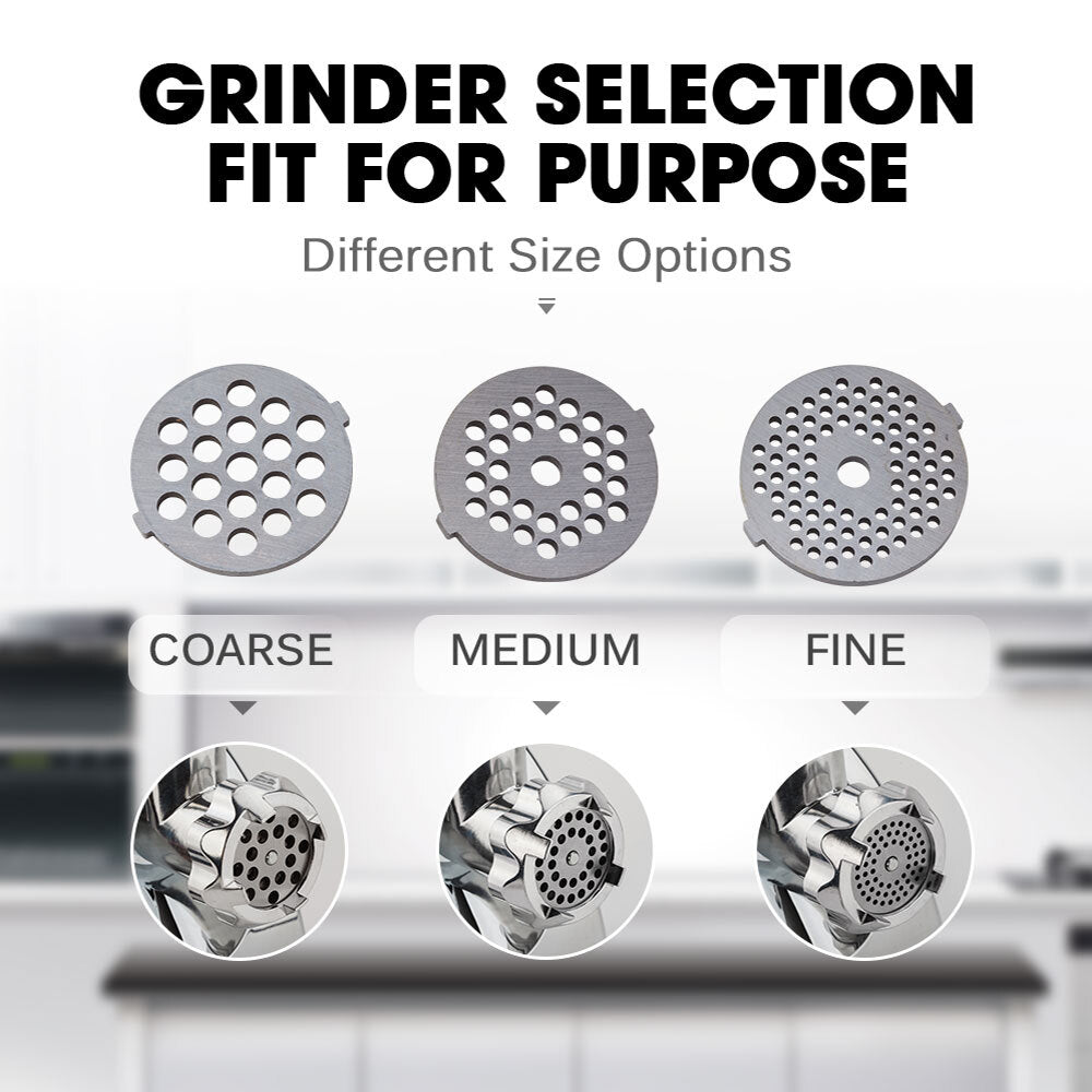 Grinder selection with coarse, medium, and fine size options on a white background.