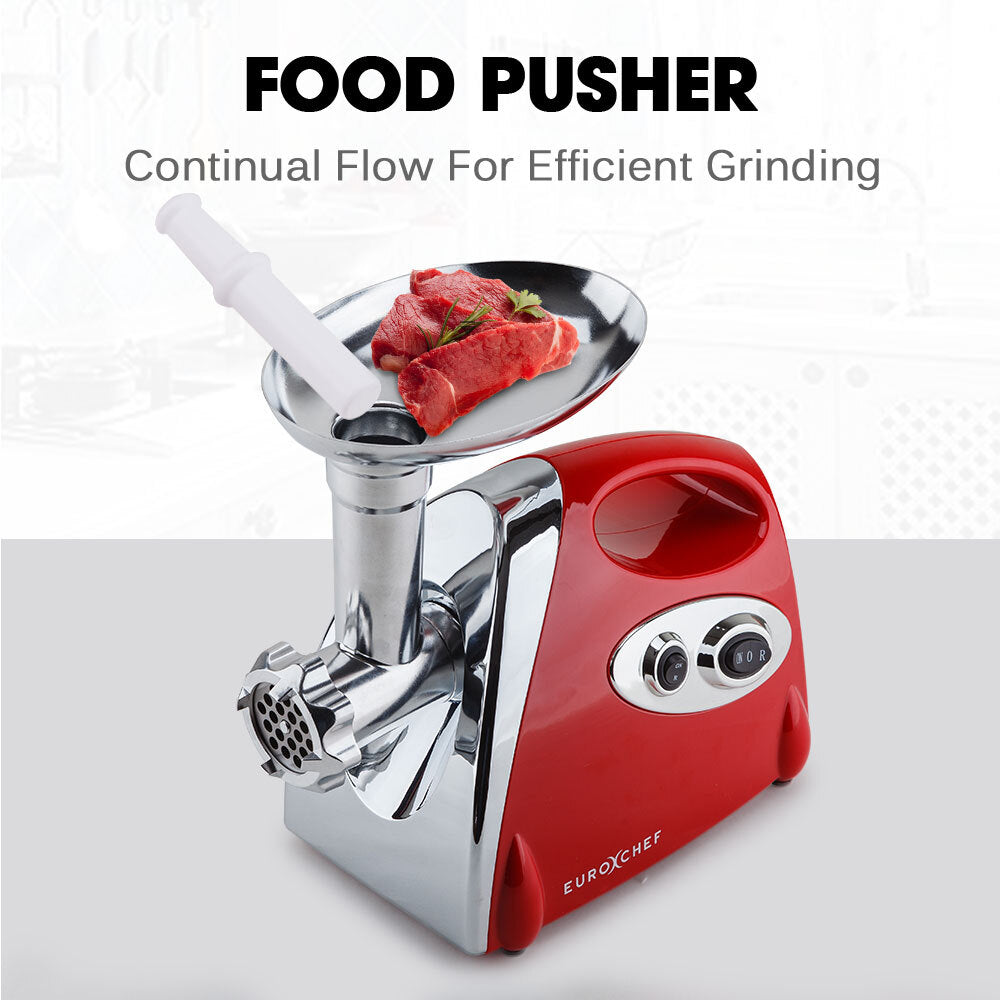 Red food grinder with a tray of meat and the brand 'EuroChef' on a white background.