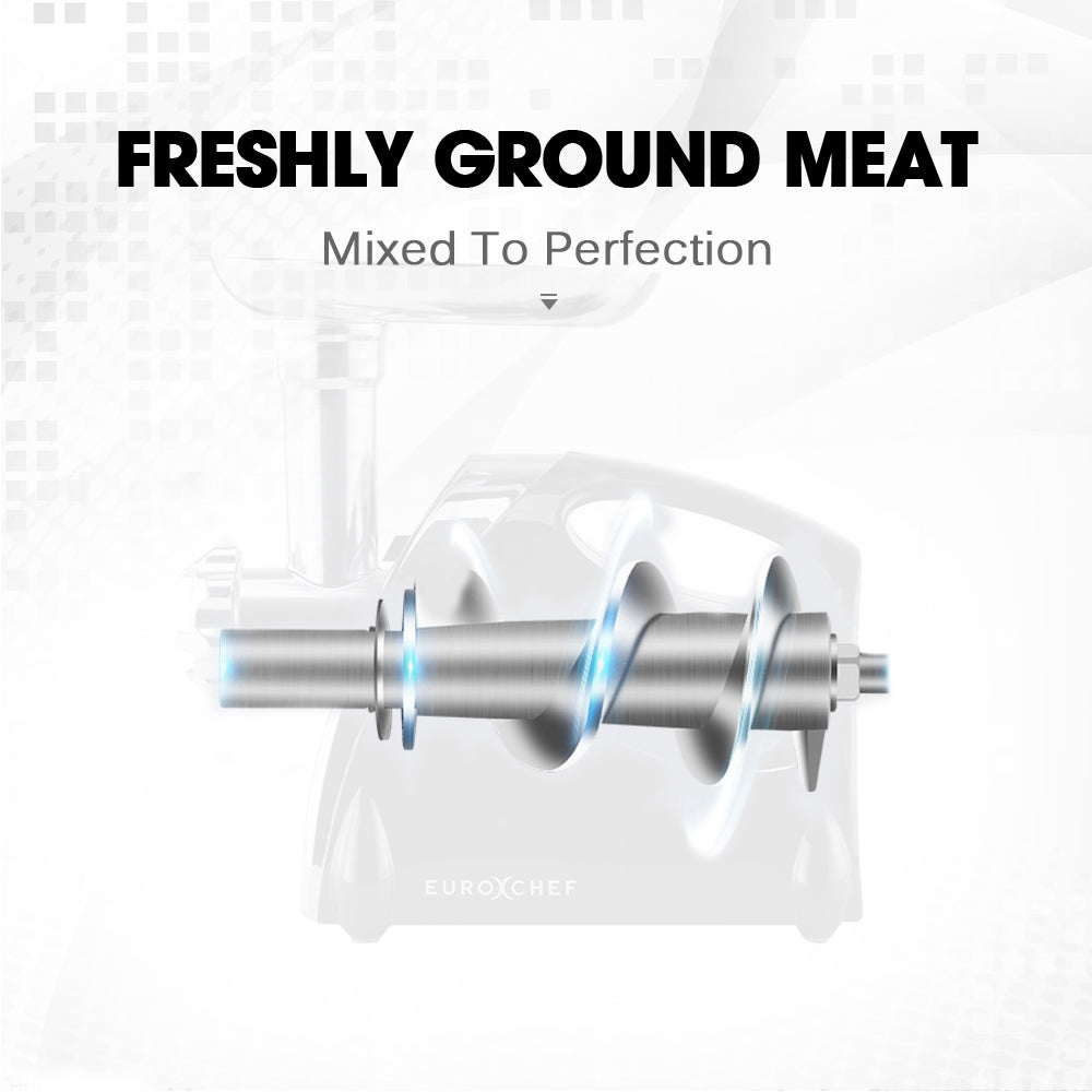 Ground meat mixer with text 'Freshly Ground Meat Mixed To Perfection' on a white background