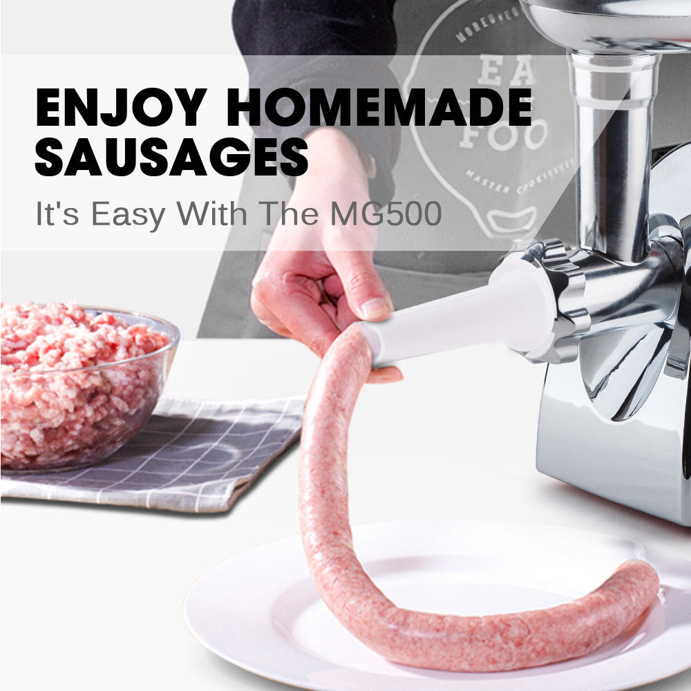 Sausage making machine with sausages on a plate and ground meat in a bowl, with text promoting homemade sausages.