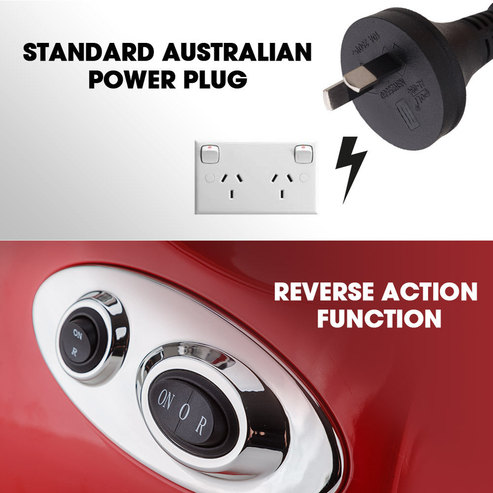 Standard Australian power plug and socket with a red appliance featuring 'ON' and 'OFF' buttons.