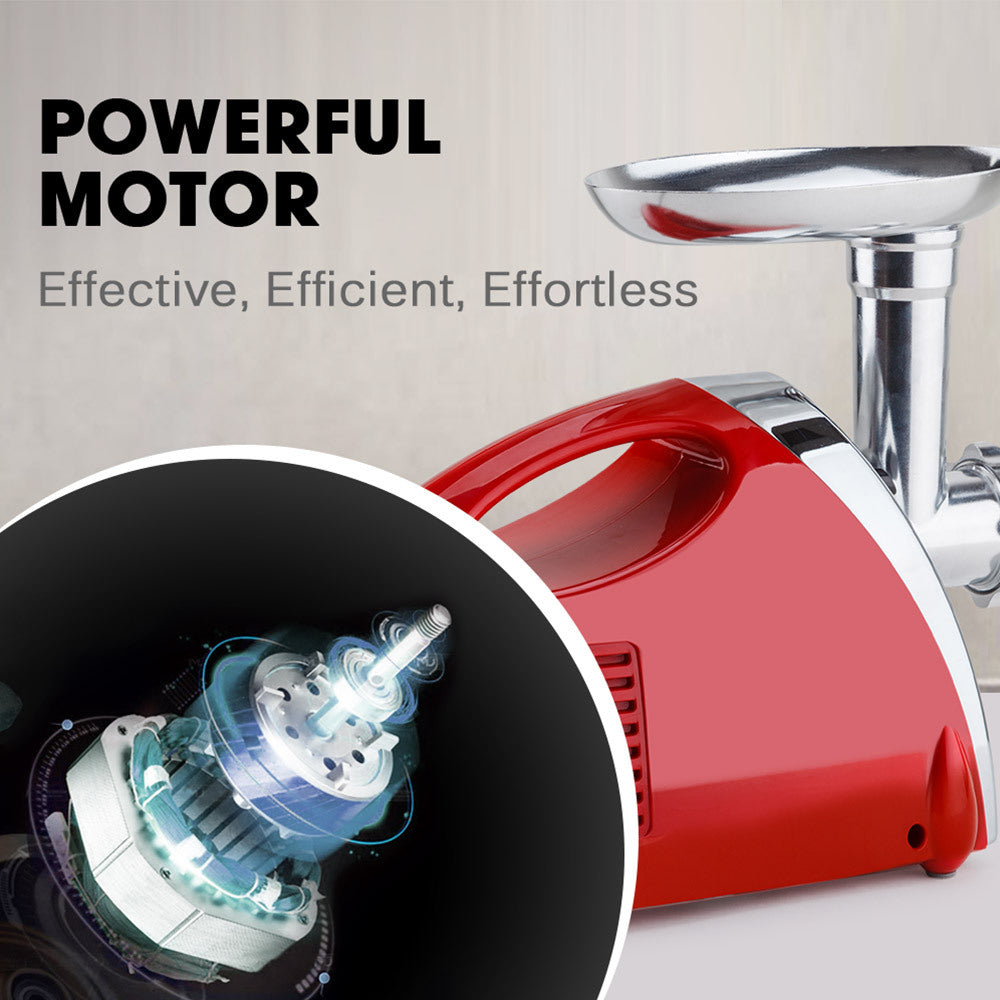 Red handheld vacuum cleaner with close-up of powerful motor and text 'Powerful Motor' on a gray background.