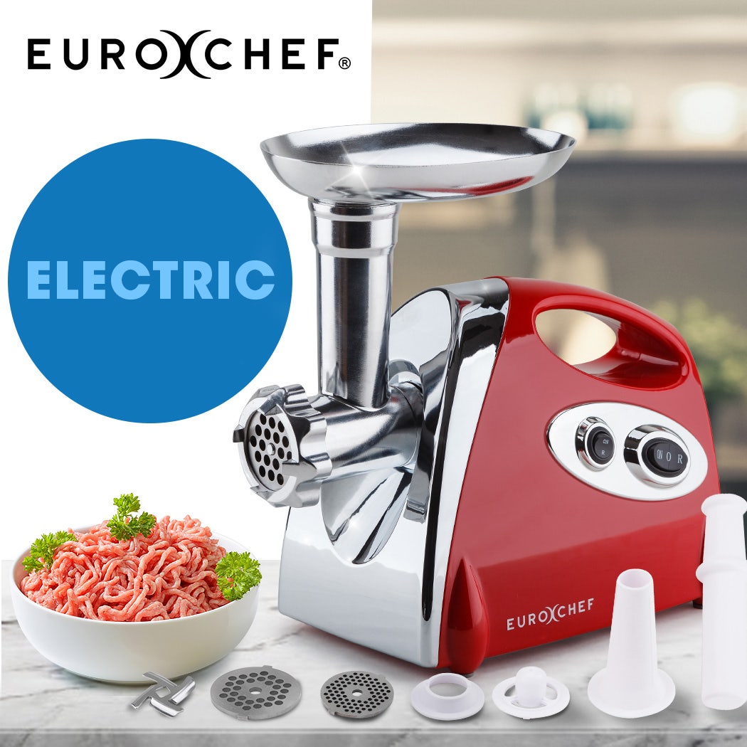 Red and silver electric meat grinder with ground meat and accessories on a kitchen counter, featuring EuroChef branding.