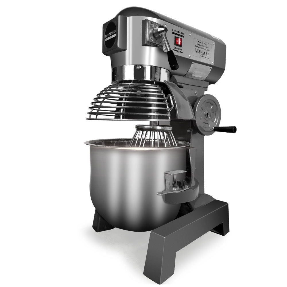 Commercial stand mixer with stainless steel bowl on a white background