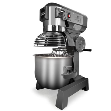 Commercial stand mixer with stainless steel bowl on a white background