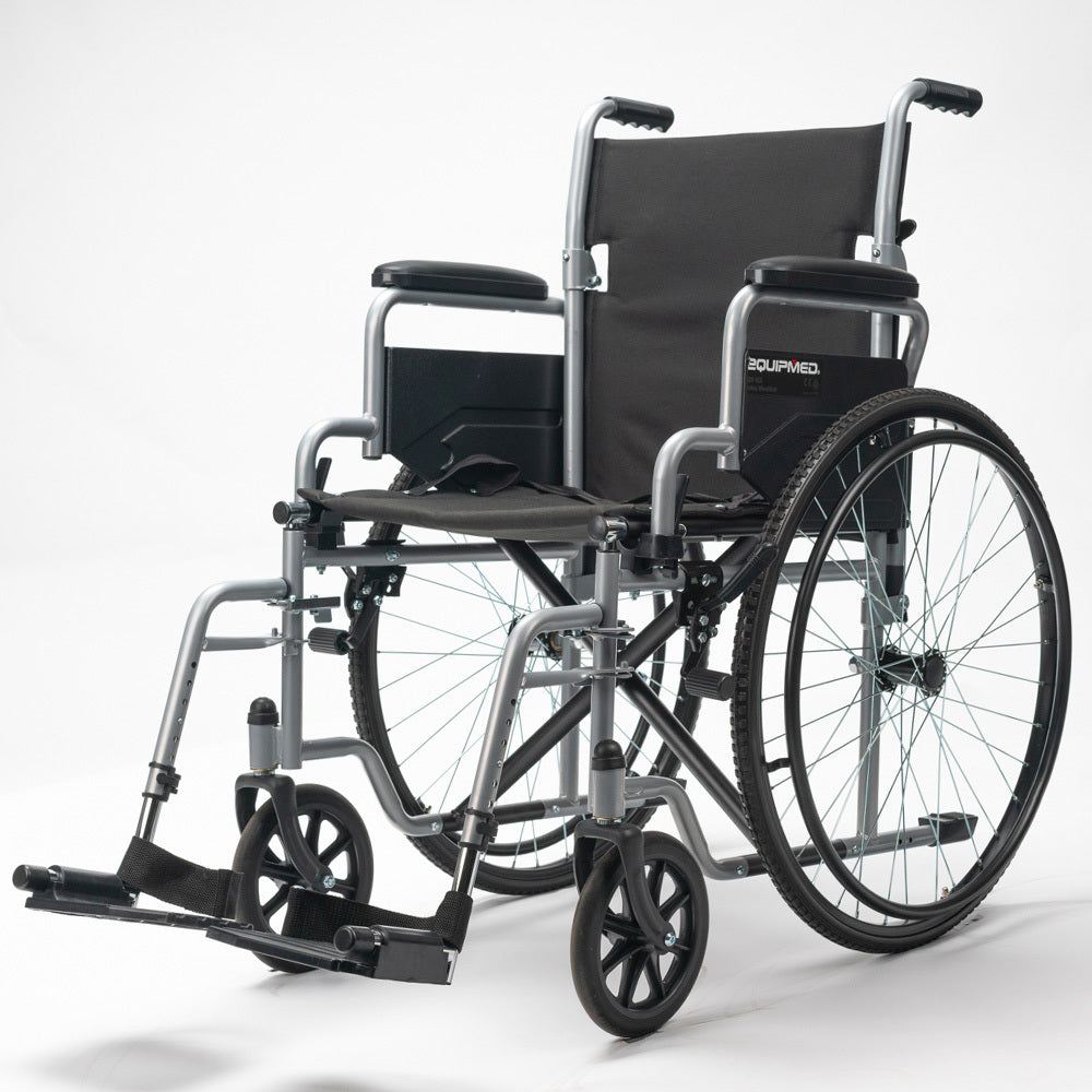 Black wheelchair with a white background