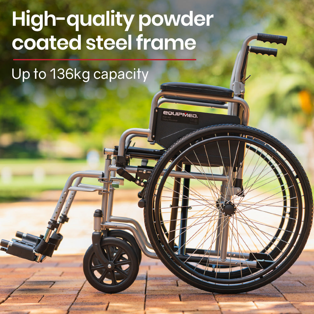 Wheelchair with high-quality powder-coated steel frame on a blurred outdoor background