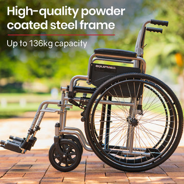 Wheelchair with high-quality powder-coated steel frame on a blurred outdoor background
