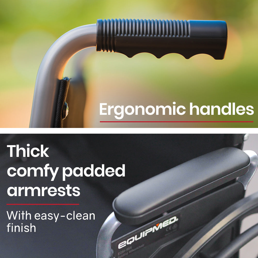 Close-up of ergonomic handles and thick padded armrests on a wheelchair with 'EQUIPMED' branding.