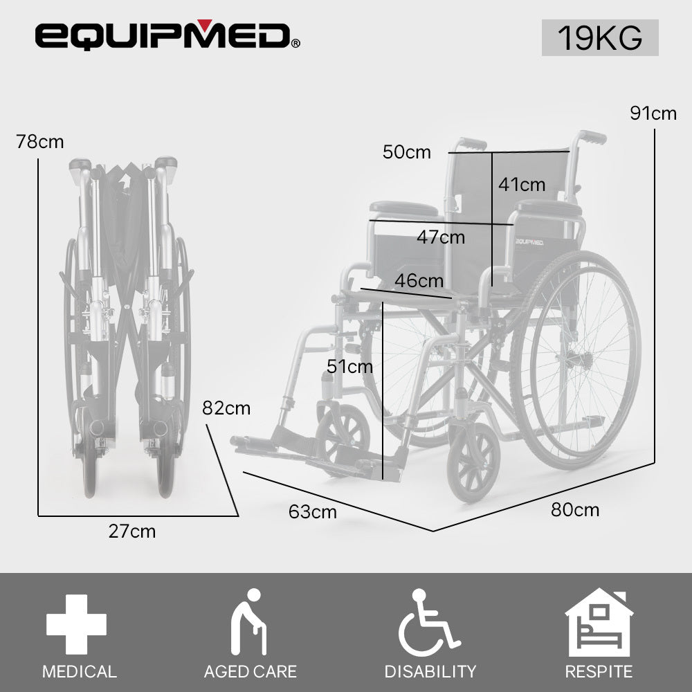 Measurement chart of a wheelchair with dimensions labeled, featuring the Equipmed brand.