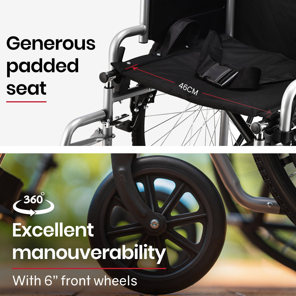 Wheelchair with a generous padded seat and excellent maneuverability highlighted.