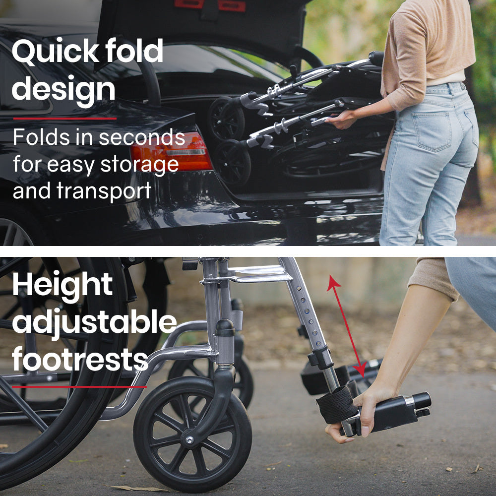 Person using a wheelchair with height adjustable footrests, emphasizing quick fold design and ease of storage.