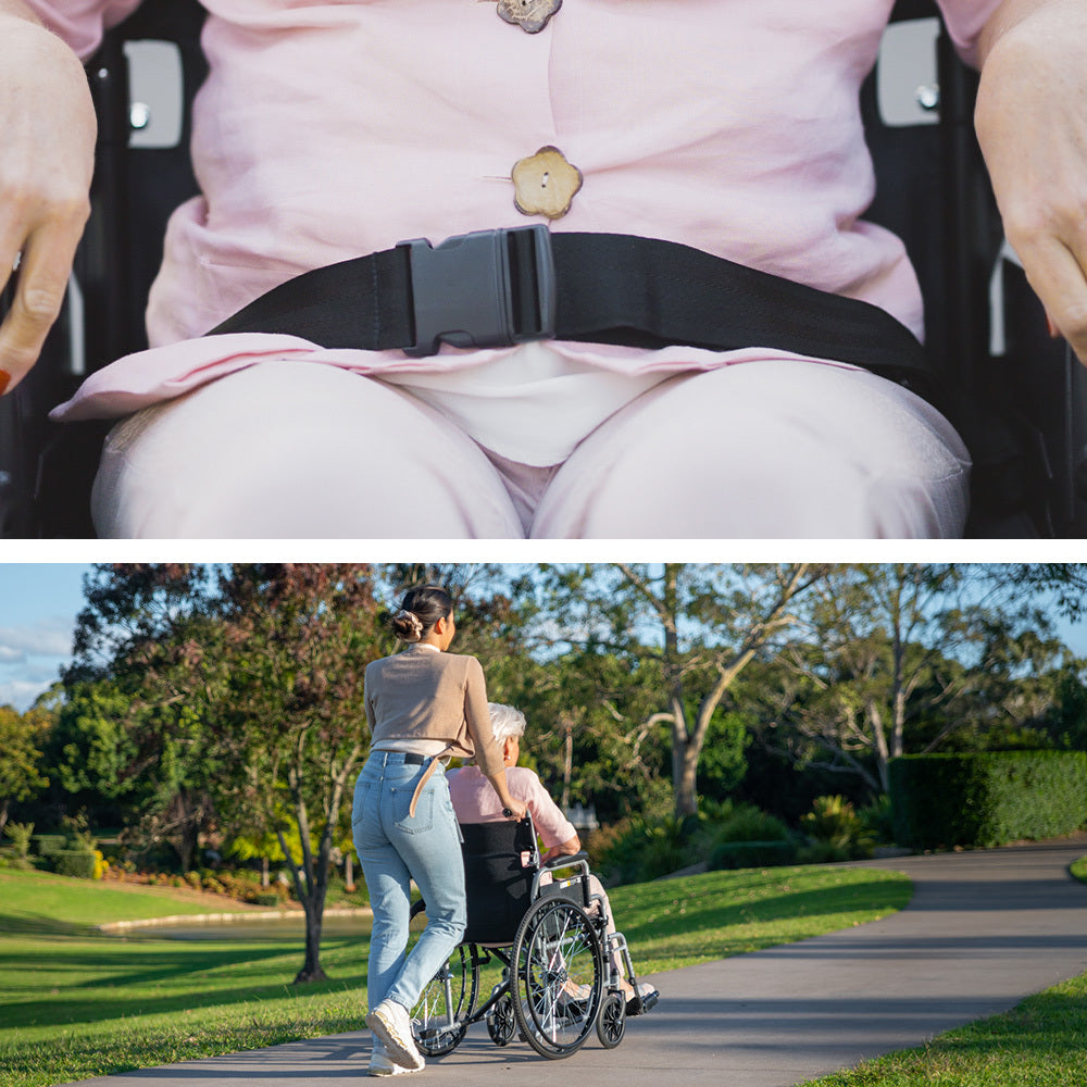 Top: Close-up of a person wearing a pink shirt with a black belt. Bottom: Person pushing a wheelchair with another person inside on a path.