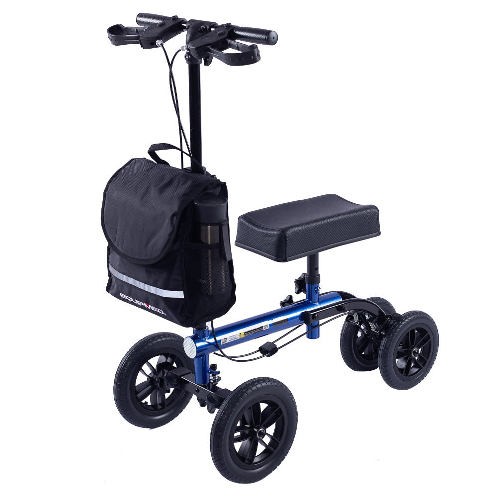 Blue knee scooter with black bag on a white background
