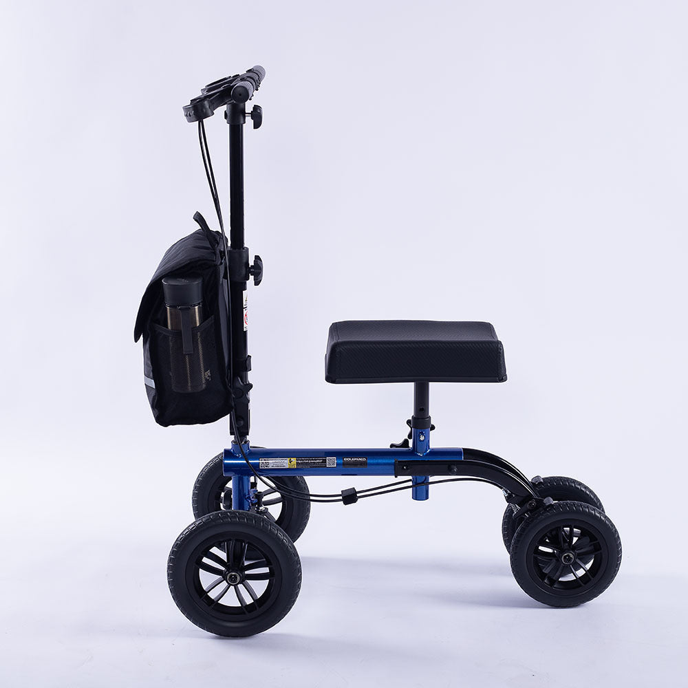Knee scooter with a backpack on a white background