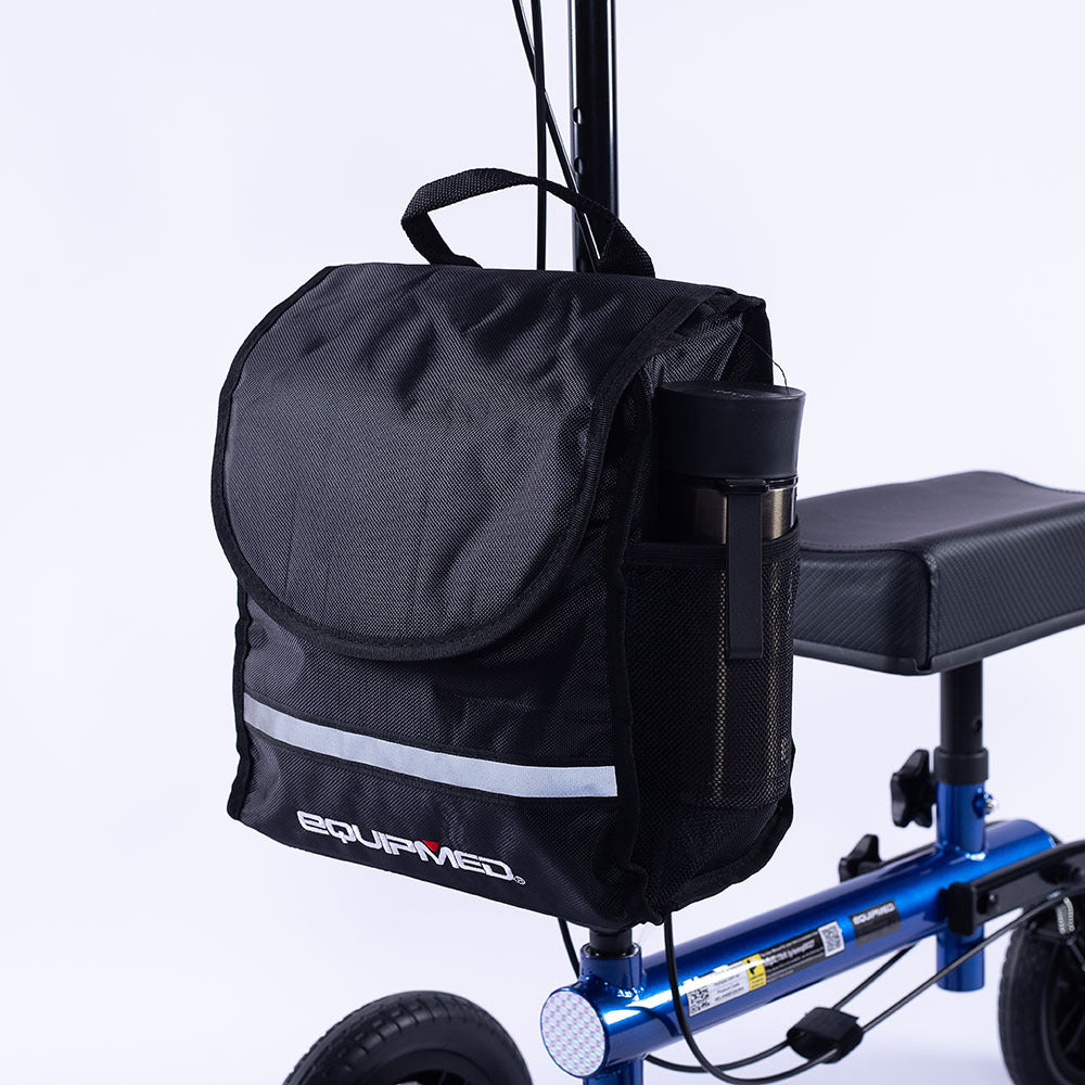 Black bag attached to a blue scooter with 'Bourmed' branding on a white background