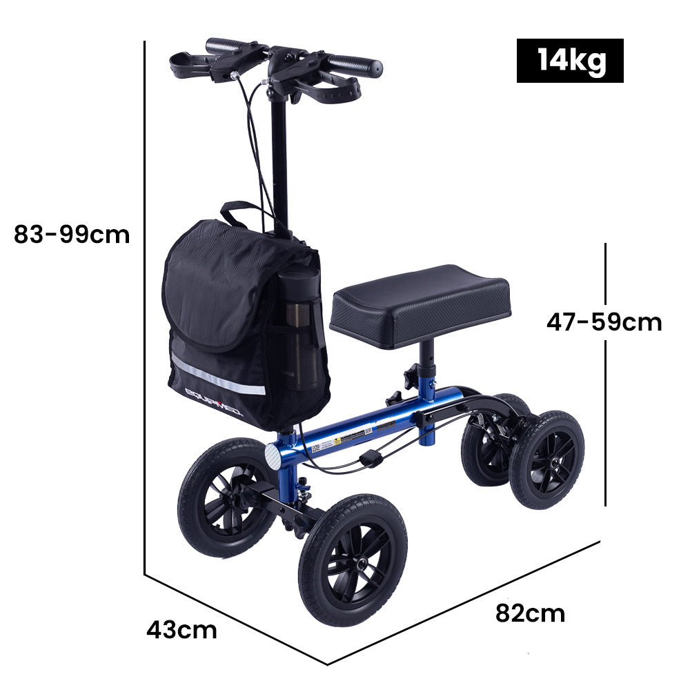 Knee walker with dimensions and weight information on a white background