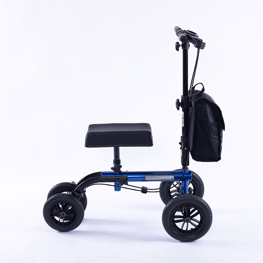Knee scooter with a backpack on a white background
